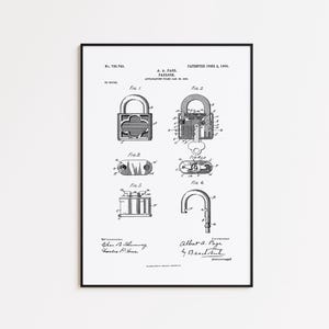 Puede incluir: Impresión enmarcada que presenta un diagrama de patente de un candado, con dibujos técnicos detallados y anotaciones. La impresión incluye varias vistas del mecanismo de cierre, etiquetadas como Fig. 1 a Fig. 6, y el texto "PATENTED JUNE 5, 1901."