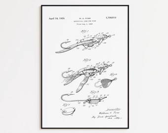 Fishing Lure Patent Art Print: Cabin Man Cave Decor