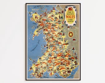 May include: A framed vintage map of Wales, featuring a detailed illustration of the country's geography. The map includes text that reads "Come to Beautiful Wales" and "Cymru Am Byth". The map is in a black frame.