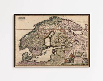 Impresión del mapa de Escandinavia de 1680: decoración de pared vintage