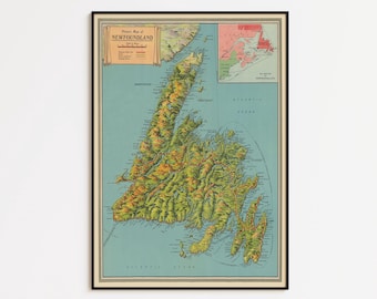 Vintage Newfoundland Map Art Print: Canvas or Framed Wall Decor