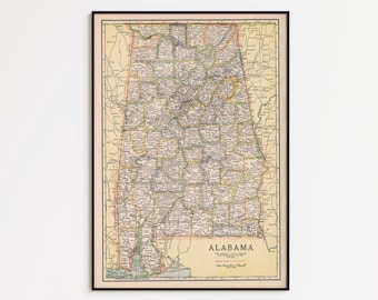 Vintage Alabama Map Print: 1920s Wall Art, Framed or Canvas
