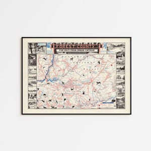 May include: Framed vintage map of Forest County, Pennsylvania, with red and blue lines depicting roads and rivers. The map includes illustrations of animals and landmarks, with the text "Forest County" and "For Rest From Urban Fatigue".
