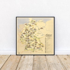 Mapa pictórico de universidades en Alemania/ Mapa gráfico de universidades alemanas/ Arte de pared de lienzo/ Impresión de pared de Alemania/ Póster vintage