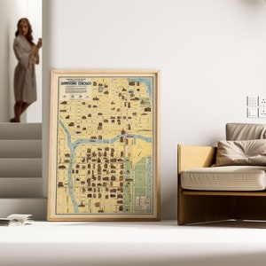 Carte du centre-ville de Chicago| Impression murale plan de la ville de Chicago| Affiche murale de plan de ville de Chicago| Art mural sur toile ancienne carte | Carte déroulante