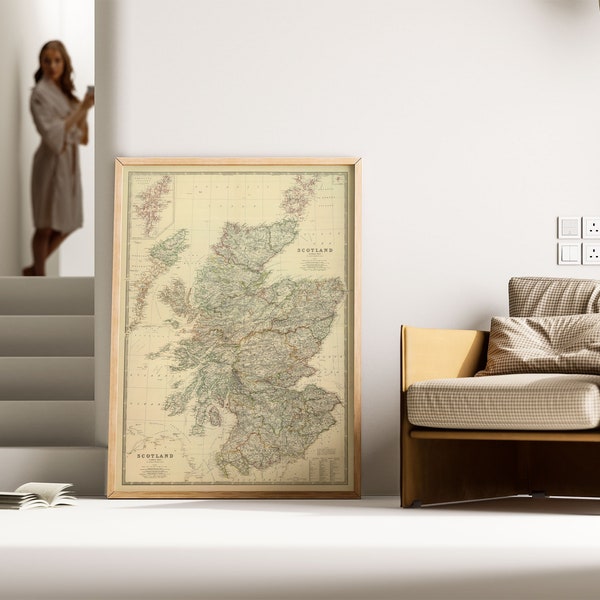 Historical Map of Scotland| 1876 Old Map Scotland Wall Print| Scotland Map Canvas Wall Art| Pull Down Map| Scotland Map Wall Poster