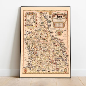 Bildlicher Plan von Nordengland| Moorberg und Seenplatte| Alte Karte Wand Kunstdruck | Leinwandbild | Vintage Poster Art