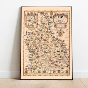 Mapa pictórico de Gales con condados vecinos/ Impresión de pared de mapa de Gales/ Impresión de arte de pared de mapa antiguo / Arte de pared de lienzo / Arte de cartel vintage