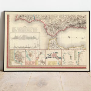 Karte von Gibraltar 1823| Karte von Algarbe Andalusien und Grenada| Wand Kunstdruck | Vintage Karte Poster | Kunst Leinwand für Wand-Dekor | Gerahmter Kunstdruck