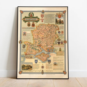 Hampshire Map Print | Kunstgeschichte| 1947 Hampshire Karte Wandkunst | Gerahmte Wandkunst| Leinwandbild | Poster Kunst| Drucke Wandkunst| Landkarte Wandbilder