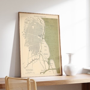 Mapa vintage de Buenos Aires / Mapas de Argentina / Impresión de póster / Impresión de pared enmarcada / Decoración de pared con impresión de lienzo / Póster de pared / Arte de pared de mapa vintage