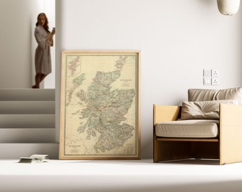 Historical Map of Scotland| 1876 Old Map Scotland Wall Print| Scotland Map Canvas Wall Art| Pull Down Map| Scotland Map Wall Poster