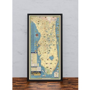 Grote Florida kaart afdrukken voor wanddecoratie | Florida Vintage kaarten muurposter | Canvasafdrukken Muurkunst| Trek kaart naar beneden| Wandkaartafdrukken