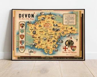 North Devon Antique road map Barnstaple Bideford maps Framed 1920s Gift home decor World