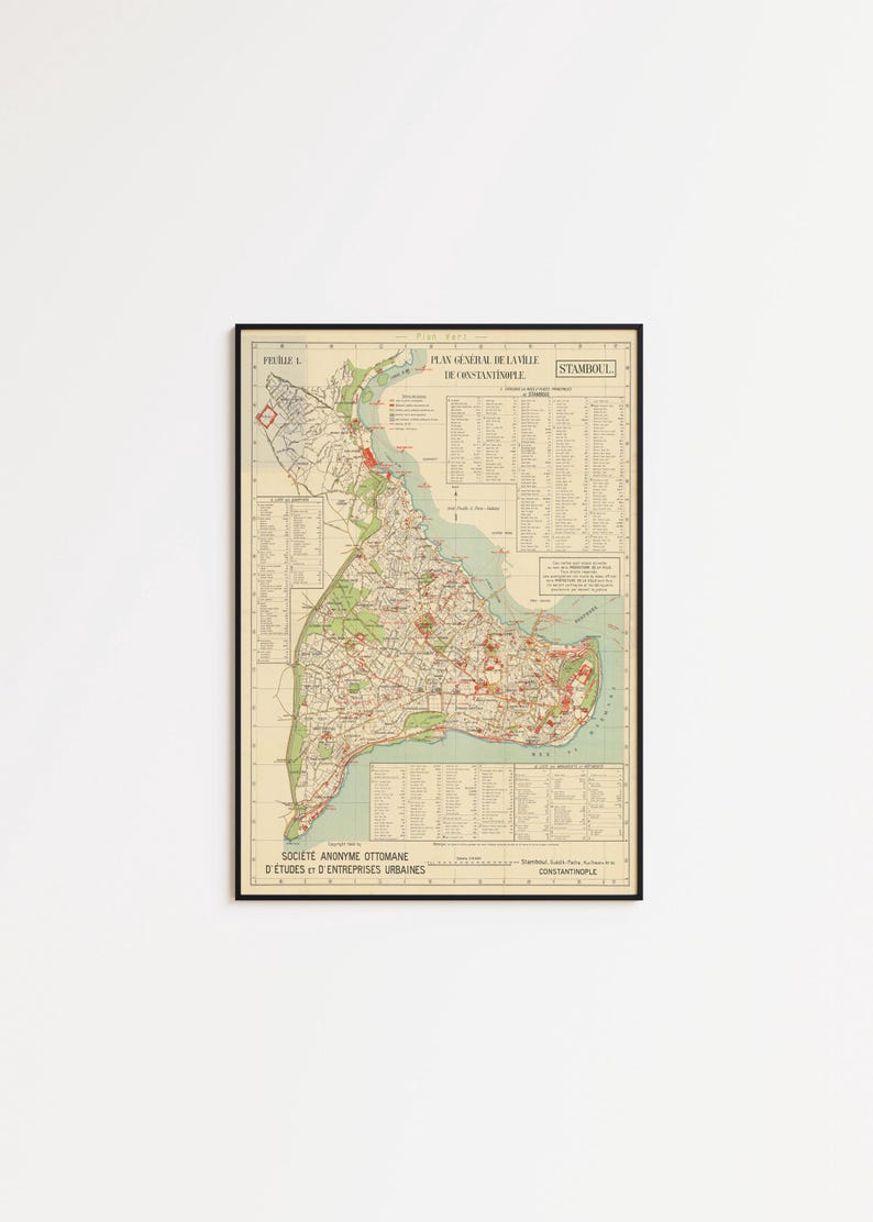 May include: Framed vintage map of Istanbul, Turkey, with text in French. The map features detailed street layouts, green areas, and a blue body of water. The map is in a black frame.