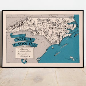 Karte von Bundesstaat North Carolina| Vintage Karte | Alte Karte Wandbild | North Carolina Wandkunst | Leinwandbild | Vintage USA Karten