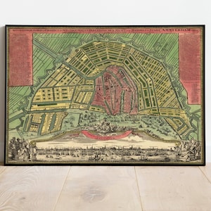 Amsterdam City Map Wandbild | Amsterdam Stadtplan Karte| Posterdruck | Kunstdruck auf Leinwand | Alte Karte Wand Kunst Poster | Gerahmte Landkarte als Wanddeko