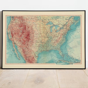 Geografische Karte von USA| Karte Wanddeko | Vintage Karte Wandkunst| Posterdruck | Karte Wandbild | Gerahmter Kunstdruck| Leinwanddruck Karte