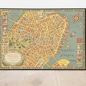Map of Old Boston| 1929 Boston Map| Reproduction Map| Wall Art| Wall Decor| Wall Art Map| Wall Decor Map| Boston Antique Map