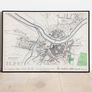 Dresden Stadt Karte Wandbild | Gerahmte Karte Wanddeko | 1833 Dresden Karte Kunstdruck | Posterdruck | Kunstdruck auf Leinwand | Karte Wandkunst Poster
