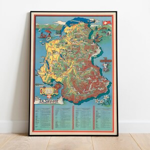 Carte illustrée de la région de Savoie en France| Décor mural de vieille carte| art mural de carte vintage| Impression d’affiche| Impression d’art encadrée| Tableau sur toile Carte