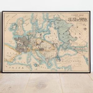 Karte von Europa 1854| Pictorial Europe Map Print | Leinwandbild | Militärische Karte Wandbild | Vintage-Propaganda-Poster