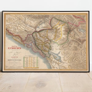 Landkarte von Montenegro und Umgebung 1838| Dalmatien Landkarte Print| Vintage Karte Poster | Kunst Leinwand Wand-Dekor | Gerahmte Kunstdrucke