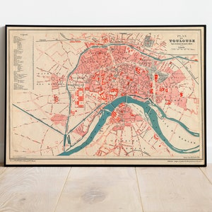 Toulouse City Map Wall Print| Gerahmte Karte Wanddekor | 1886 Toulouse Karte Kunstdruck | Posterdruck | Leinwanddruck Wandkunst | Karte Wand Kunst Poster