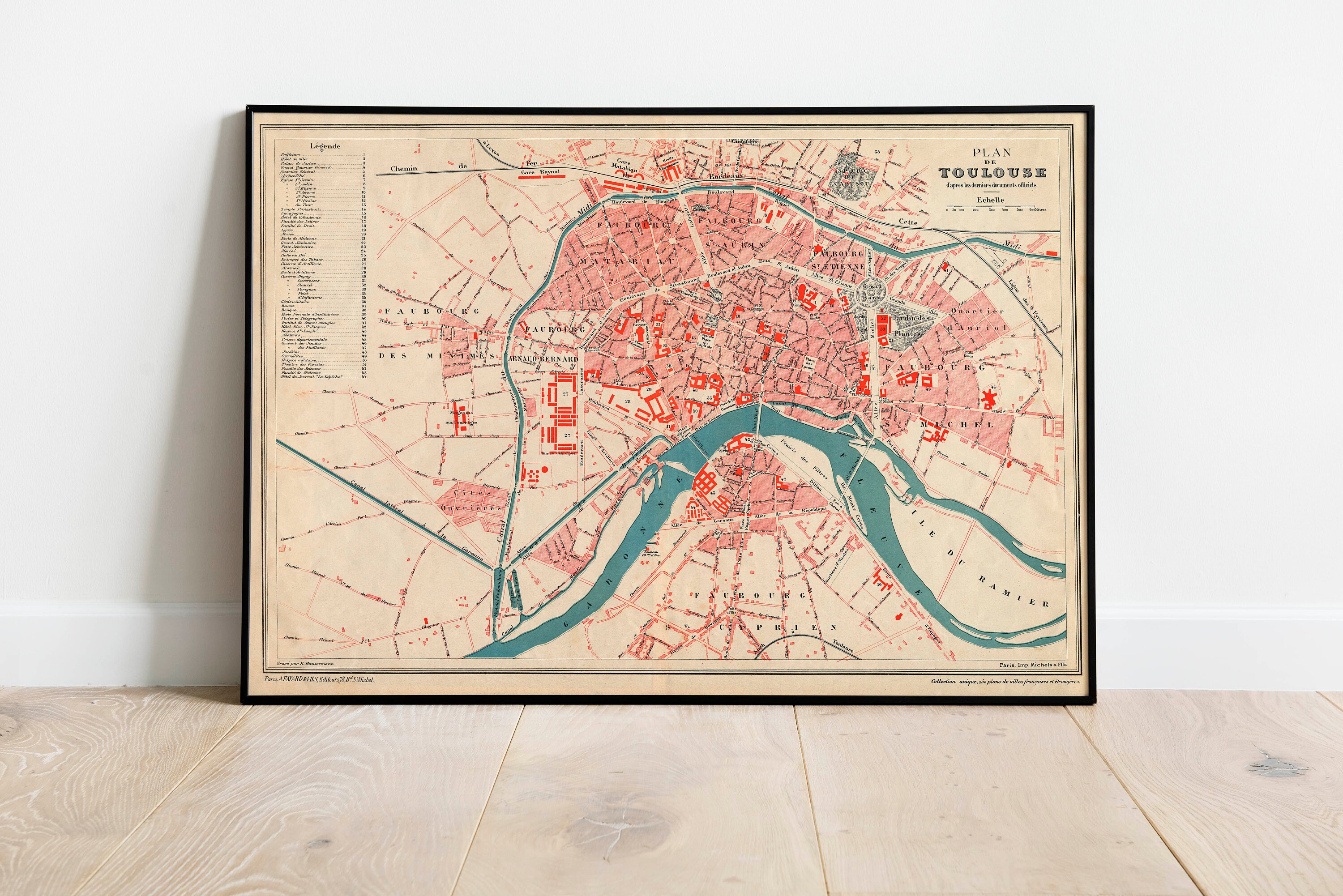 Toulouse City Map Wall Print| Framed Map Wall Decor| 1886 Toulouse Map Art Print| Poster Print| Canvas Print Wall Art| Map Wall Art Poster