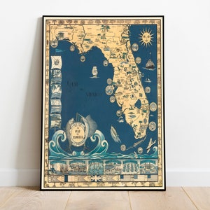 Kaart van Florida 1935| Ingelijste kunstafdruk| Posterafdruk| Canvas wanddecoratie| Florida kaart muur afdrukken | Vintage kaart muurposter