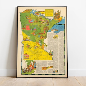 Bunte bildliche Karte von Minnesota 1937| Alte Karte Wand Kunstdruck | Gerahmter Kunstdruck| Vintage Karte Wand Leinwand| Wandbild| Posterdruck
