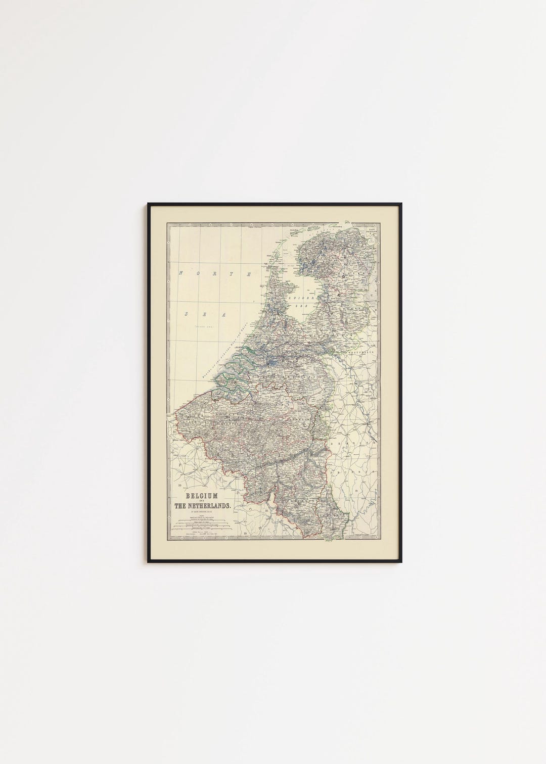 ベルギー・オランダ地図プリント：1861年ヴィンテージウォールアート