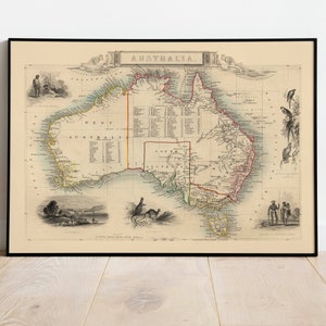Australien Kontinent Karte Poster für Wand-Dekor | Alte Karte Australien Wandbild | Leinwanddruck | Pull Down Karte| Australien Vintage Karte Wandkunst