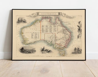 Australia Continent Map Poster for Wall Decor| Old Map Australia Wall Print| Canvas Print| Pull Down Map| Australia Vintage Map Wall Art