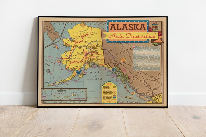 Canvas Art Map Wall Prints 1940 Alaska Map Wall Art Poster Art Framed Wall Art Art History Alaska Map Print Prints Wall Art