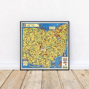 Bildliche Karte von Bundesstaat Ohio| Ohio Karte Print Wandkunst| Leinwanddruck Wanddeko | Ohio Karte Wandbild | Poster Vintage| Pull Down Map