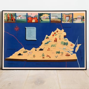 Historische Karte von Virginia| 1938 Virginia Karte Wandbild | USA Karten Wanddeko | Leinwandbild Fertig zum Aufhängen | Gerahmter Kunstdruck| Landkarte Wandposter