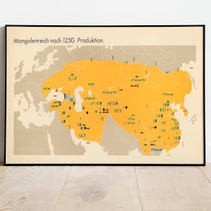 Mongolisches Reich nach 1250| Gerahmter Kunstdruck| Mongolisches Empire Karte Wandbild | Leinwand Kunst Wand-Dekor | Poster Vintage| Landkarte Wandposter