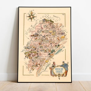Decorative Map of Bourgogne Franche Comte, France| Vintage Map Art| Canvas Wall Art| Home Wall Print| Wall Decor Poster