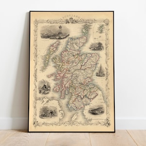 Karte von Schottland 1851| Alte Karte Poster Wandkunst| Kunstdruck auf Leinwand | Vintage Karte Wandposter| Karte Druck Wand-Dekor | Schottland Wandkunst