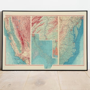 Geografische Karte von USA| Karte Wanddeko | Vintage Karte Wandkunst| Poster| Karte Wandbild | Gerahmter Kunstdruck| Leinwanddruck Karte