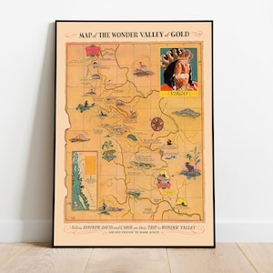 Kaart van de Wondervallei van goud 1936| Picturale kaart van Yukon-territorium | Affichedruk| Oude kaarten van Canada| Canvas kaart wanddecoratie