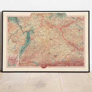 Landkarte von Deutschland Süd| Karte Wanddeko | Vintage Karte Wandkunst| Posterdruck | Karte Wandbild | Gerahmter Kunstdruck| Leinwanddruck Karte