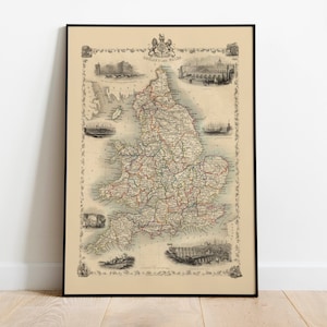 Historische Karte von England und Wales 1851| Alte Karte Wanddeko | Vintage Karte Wandkunst| Posterdruck | Gerahmter Kunstdruck| Leinwanddruck Karte