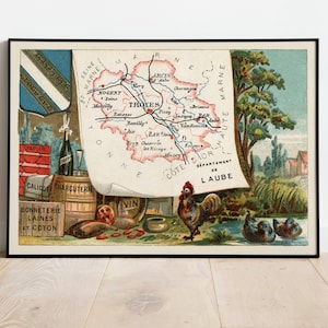 Mapa del Departamento de Aube, Francia/ Troyes Wall Art/ Vintage France Map Print/ Impresión de lienzo estirado/ Póster de decoración de la pared del hogar