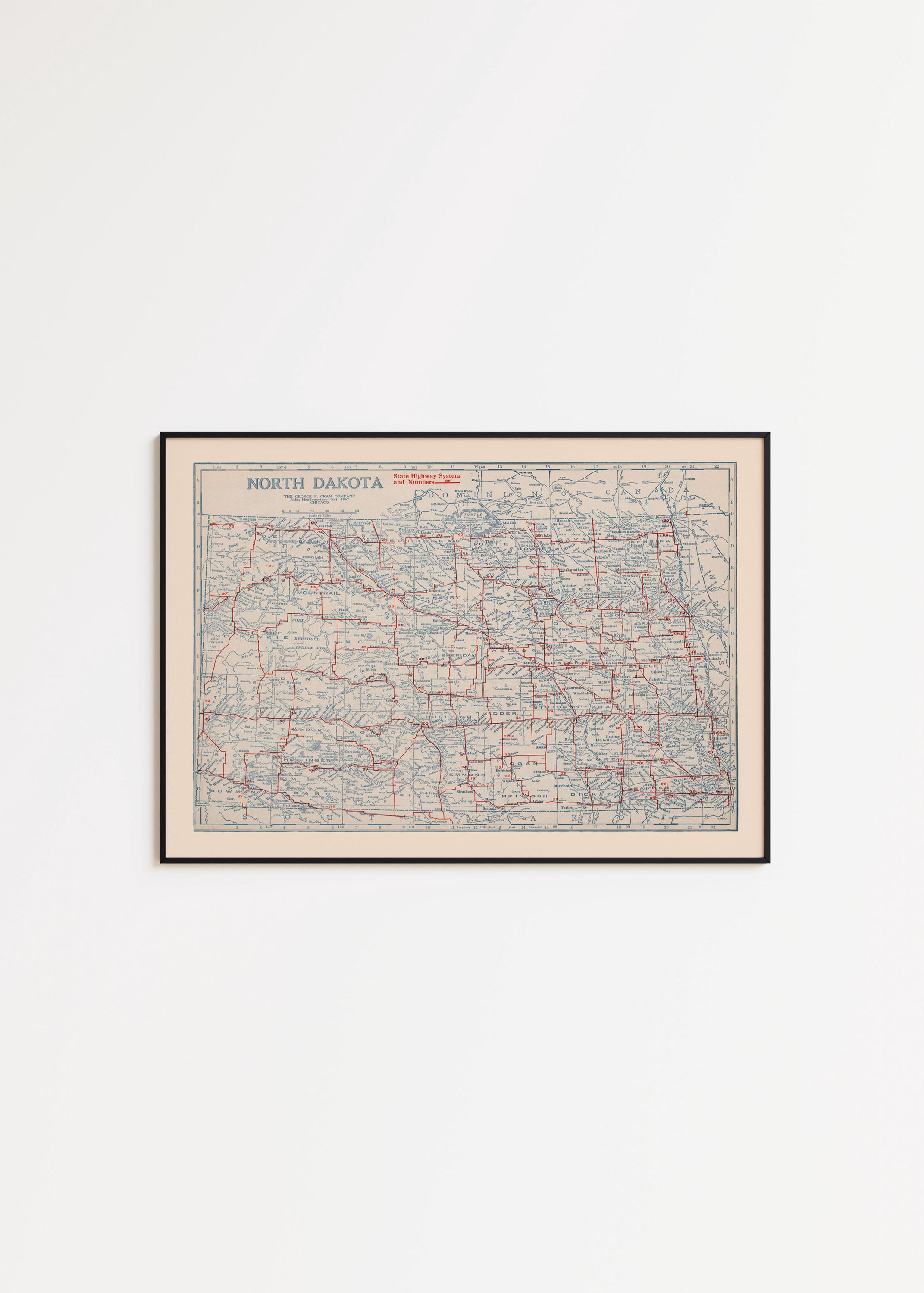 Vintage 1920 North Dakota Map Art Print: Framed Poster or Canvas