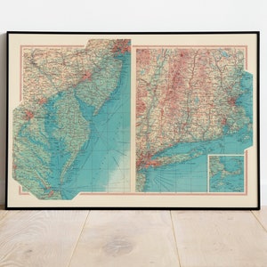 Carte géographique de la Nouvelle-Angleterre| Décor mural de carte| art mural de carte vintage| Impression d’affiche| Impression murale de carte| Impression d’art encadrée| Tableau sur toile Carte
