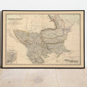 Carte composite de la Turquie en Europe 1879| Balkans| Décor mural de vieille carte| art mural de carte vintage| Impression d’affiche| Impression d’art encadrée| Tableau sur toile Carte