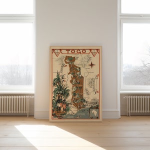 Impresión de pared del mapa de Togo / Cartel de Togo del mapa antiguo para la decoración de la pared / Impresión de arte de la pared de África / Arte de la pared del lienzo de Togo / Arte del cartel vintage