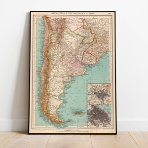 Argentina and Chile Map Wall Print| Wall Print Map| Poster Print| Canvas Print Wall Art| Old Map ...